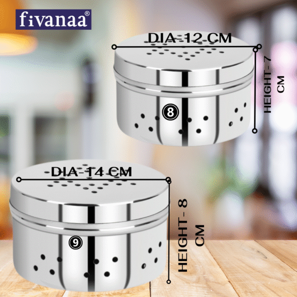 fivanaa Stainless Steel Hole Puri Dabbas/Sprout Maker/Flat Canisters/DANIYA DABAA With Air Ventilation SET OF 2 PCS-14 Cm Dia (2 PCS SET) - Image 4