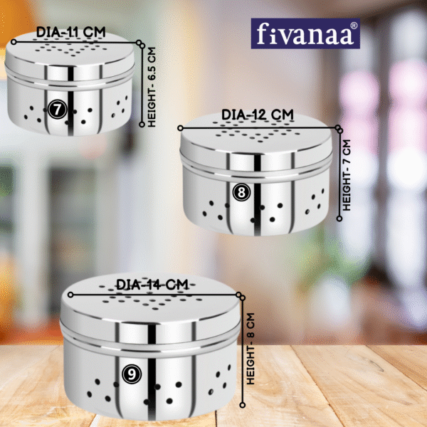 fivanaa Stainless Steel Hole Puri Dabbas/Sprout Maker/Flat Canisters/DANIYA DABAA With Air Ventilation 14 Cm Dia (3 PCS SET) - Image 4