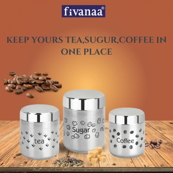 Fivanaa Food Grade Stainless Steel Tea, Coffee, and Sugar Containers Set for Kitchen | Storage Canisters | Set of 3 (Silver) - Image 4