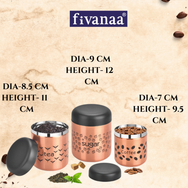 Fivanaa Food Grade Stainless Steel Tea, Coffee, and Sugar Containers Set for Kitchen | Storage Canisters | Set of 3 (Copper) - Image 4