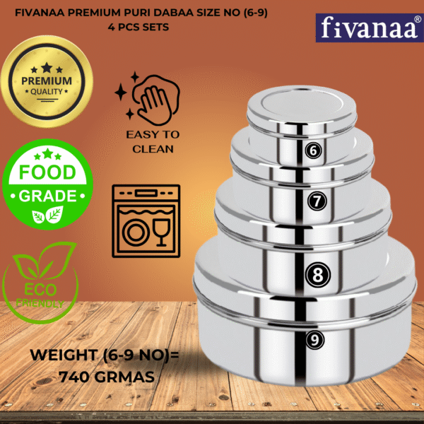 FIVANAA Stainless Steel Flat Canisters/Puri Dabba/(PREMIUM (6-9) 4PCS SET) - Image 2