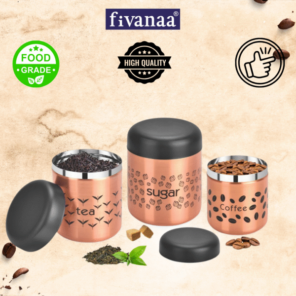 Fivanaa Food Grade Stainless Steel Tea, Coffee, and Sugar Containers Set for Kitchen | Storage Canisters | Set of 3 (Copper) - Image 3