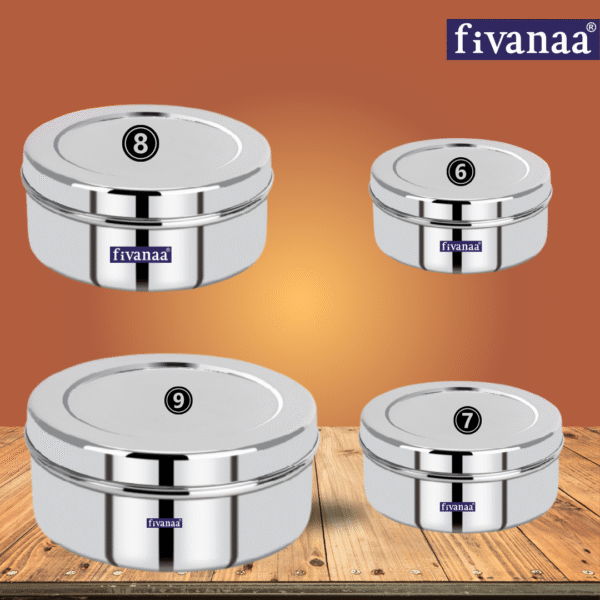 FIVANAA Stainless Steel Flat Canisters/Puri Dabba/(PREMIUM (6-9) 4PCS SET) - Image 3