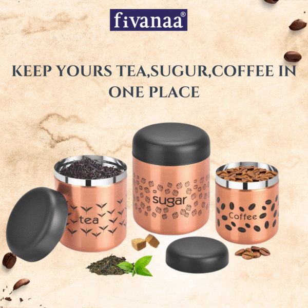 Fivanaa Food Grade Stainless Steel Tea, Coffee, and Sugar Containers Set for Kitchen | Storage Canisters | Set of 3 (Copper) - Image 2