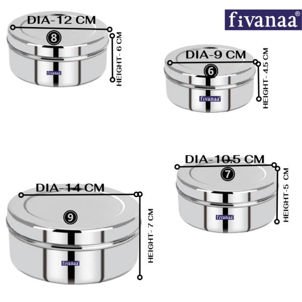 FIVANAA Stainless Steel Flat Canisters/Puri Dabba/(PREMIUM (6-9) 4PCS SET) - Image 4