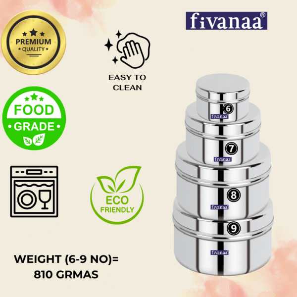 FIVANAA Stainless Steel Flat Canisters/Puri Dabba/(PLAN COVE DEEP (6-9) 4PCS SET) - Image 2