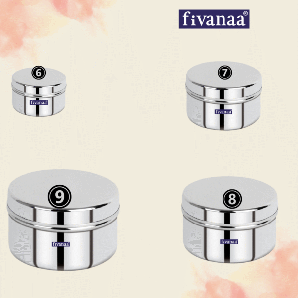 FIVANAA Stainless Steel Flat Canisters/Puri Dabba/(PLAN COVE DEEP (6-9) 4PCS SET) - Image 3