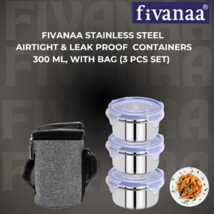 fivanaa Lunch Box Tiffin with 3 Stainless Steel Containers & 1 spoon with bag|Stainless Steel Airtight & Leak-Proof Lock N Lock Lunch/Tiffin Box for Office School I Lunch Container I I (3 PCS)