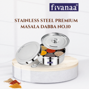 Fivanaa Food Grade Stainless Steel Premium Masala Dabba (Spice) Box/Dabba/Organiser With Lid With 7 Containers And Small Spoon (Small)