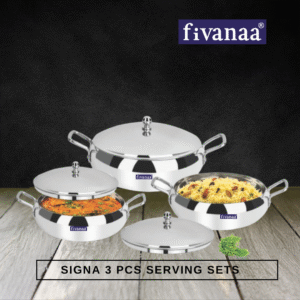 Fivanaa Stainless Steel Handi Serving Bowl Set with Lids - Pack of 3 Pcs