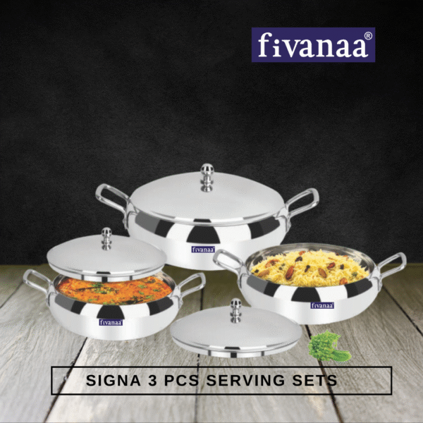 Fivanaa Stainless Steel Handi Serving Bowl Set with Lids - Pack of 3 Pcs