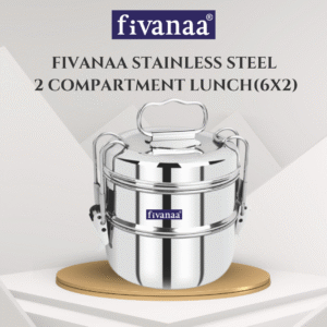 Fivanaa Grace Stainless Steel 2 Compartment Lunch Box Sets/Tiffin with Lid and Handle, Silver