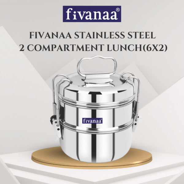 Fivanaa Grace Stainless Steel 2 Compartment Lunch Box Sets/Tiffin with Lid and Handle, Silver