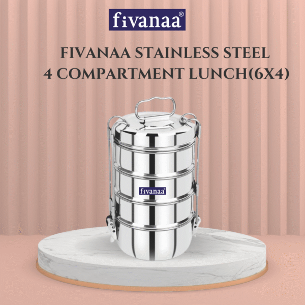 Fivanaa Grace Stainless Steel 4 Compartment Lunch Box/Tiffin with Lid and Handle,