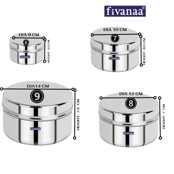 FIVANAA Stainless Steel Flat Canisters/Puri Dabba/(PLAN COVE DEEP (6-9) 4PCS SET) - Image 4