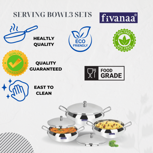 Fivanaa Stainless Steel Handi Serving Bowl Set with Lids - Pack of 3 Pcs - Image 2