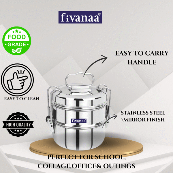 Fivanaa Grace Stainless Steel 2 Compartment Lunch Box Sets/Tiffin with Lid and Handle, Silver - Image 2