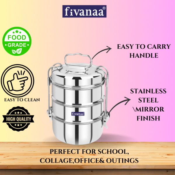 Fivanaa Grace Stainless Steel 3 Compartment Lunch Box Sets/Tiffin with Lid and Handle, Silver - Image 3