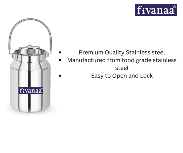 Fivanaa Stainless Steel  Multi Can - Milk Can/Oil Can/Milk Barni/Oil Pot with Lid, Silver - Image 2