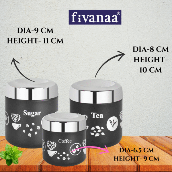 Fivanaa Food Grade Stainless Steel Tea, Coffee, and Sugar Containers Set for Kitchen | Storage Canisters | Set of 3 (Black) (Copy) - Image 2