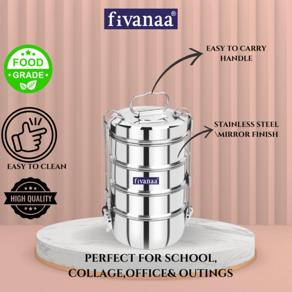 Fivanaa Grace Stainless Steel 4 Compartment Lunch Box/Tiffin with Lid and Handle, - Image 2