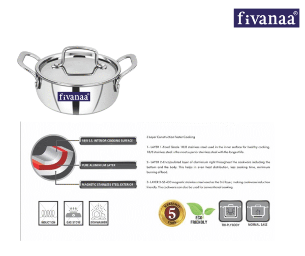 Fivanaa Food Grade Stainless Steel Triply Casserole with Lid| - Image 2