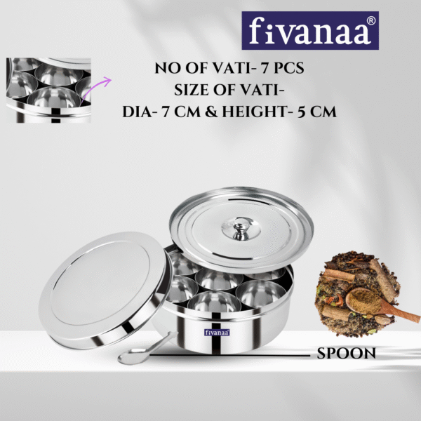 Fivanaa Food Grade Stainless Steel Premium Masala Dabba (Spice) Box/Dabba/Organiser With Lid With 7 Containers And Small Spoon (Small) - Image 3