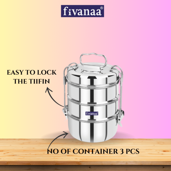 Fivanaa Grace Stainless Steel 3 Compartment Lunch Box Sets/Tiffin with Lid and Handle, Silver - Image 2