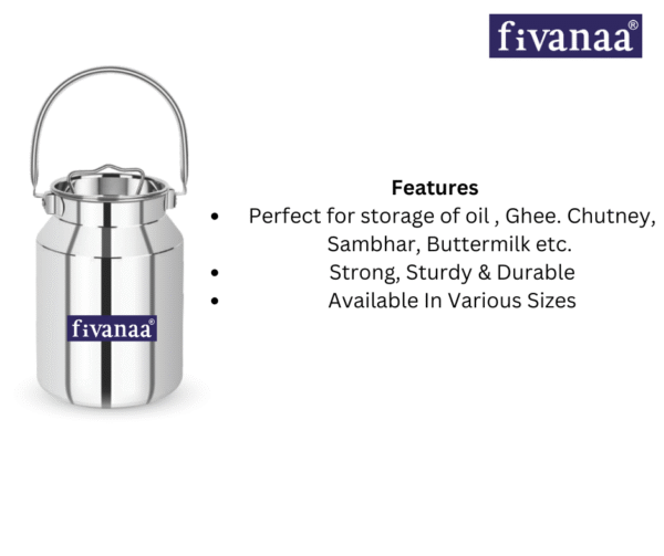 Fivanaa Stainless Steel  Multi Can - Milk Can/Oil Can/Milk Barni/Oil Pot with Lid, Silver - Image 3