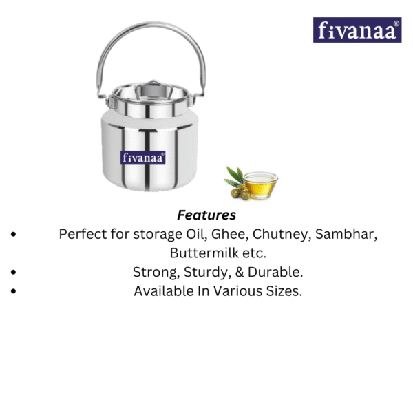 Fivanaa Stainless Steel   Smart Multi Can - Milk Can/Oil Can/Milk Barni/Oil Pot with Lid, Silver (Copy) - Image 2