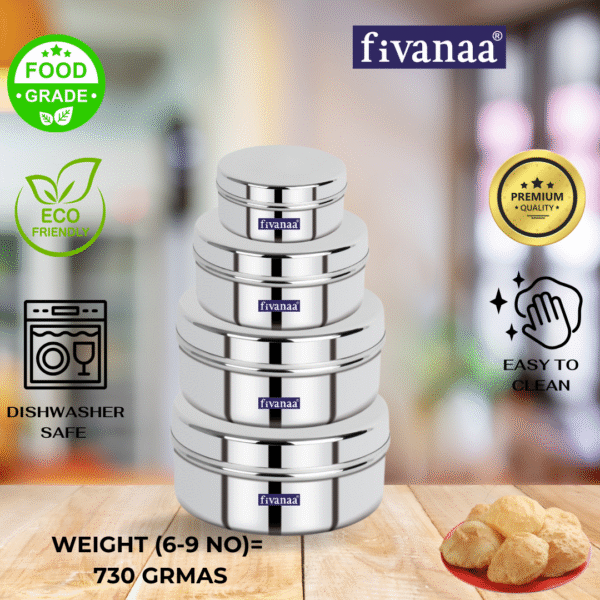 FIVANAA Stainless Steel Flat Canisters/Puri Dabba/PLAIN COVER (6-9) 4PCS SET) - Image 3