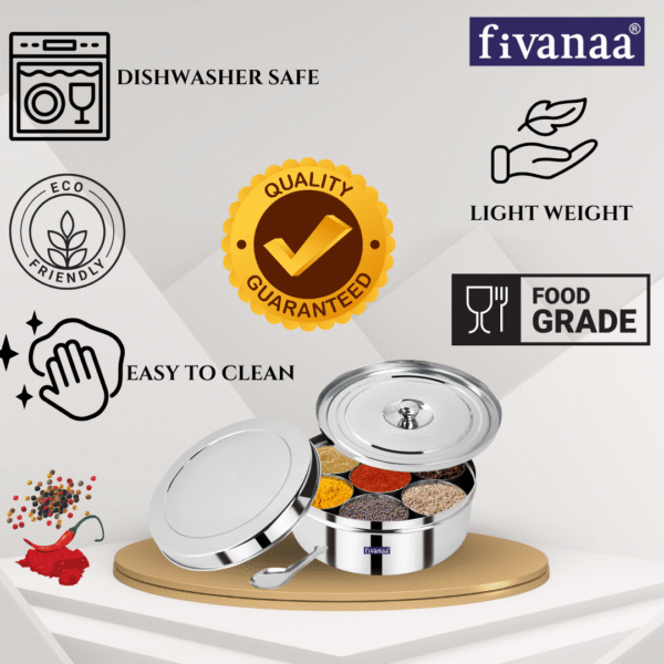 Fivanaa Food Grade Stainless Steel Premium Masala Dabba (Spice) Box/Dabba/Organiser With Lid With 7 Containers And Small Spoon (Small) - Image 2