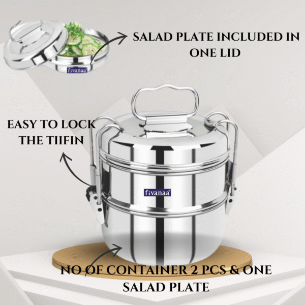Fivanaa Grace Stainless Steel 2 Compartment Lunch Box Sets/Tiffin with Lid and Handle, Silver - Image 3