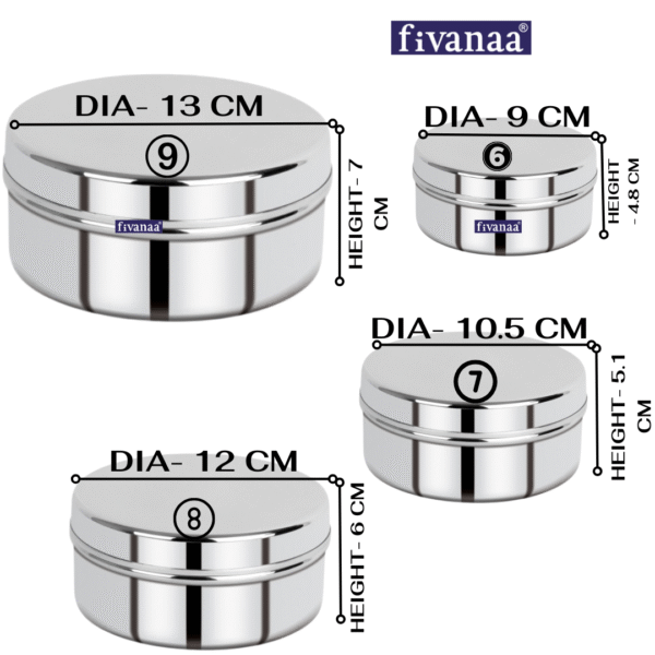 FIVANAA Stainless Steel Flat Canisters/Puri Dabba/PLAIN COVER (6-9) 4PCS SET) - Image 4