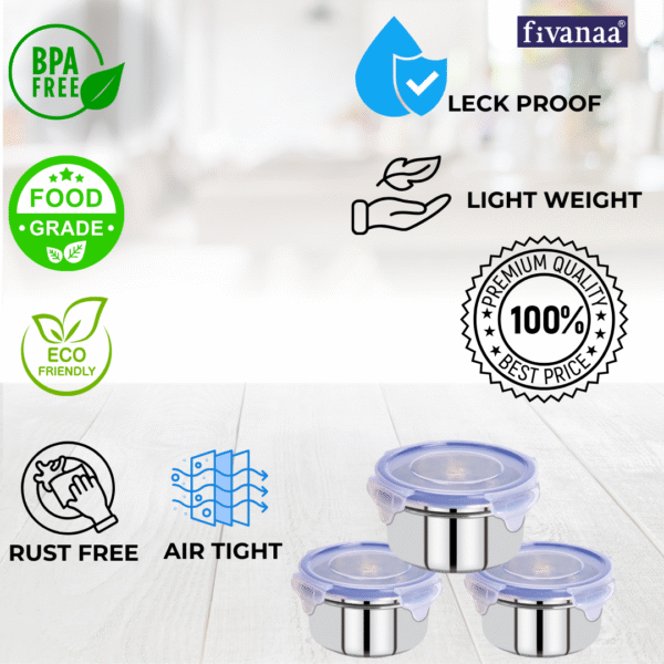 fivanaa Lunch Box Tiffin with  Stainless Steel Containers  3pcs & 1 spoon|Stainless Steel Airtight & Leak-Proof Lock N Lock Lunch/Tiffin Box for Office School I Lunch Container - Image 3