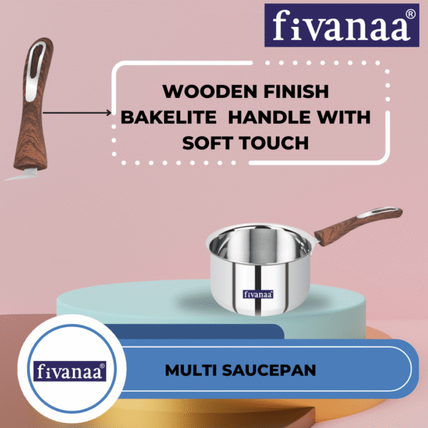Fivanaa Stainless Steel Multi Saucepan Induction and Gas Base | Bakelite Handle with Wooden Touch - Image 3