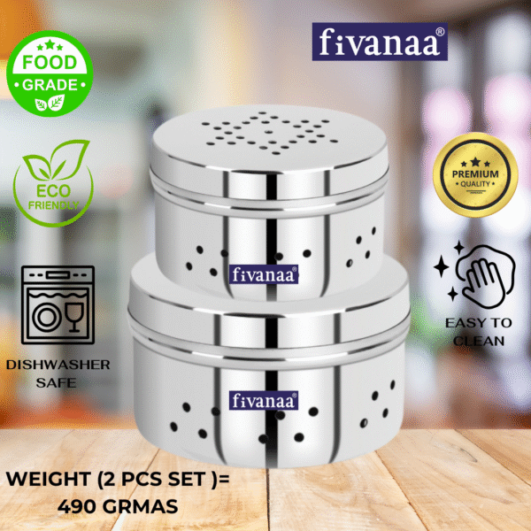 fivanaa Stainless Steel Hole Puri Dabbas/Sprout Maker/Flat Canisters/DANIYA DABAA With Air Ventilation SET OF 2 PCS-14 Cm Dia (2 PCS SET) - Image 2