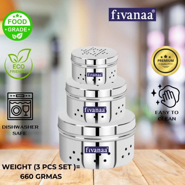 fivanaa Stainless Steel Hole Puri Dabbas/Sprout Maker/Flat Canisters/DANIYA DABAA With Air Ventilation 14 Cm Dia (3 PCS SET) - Image 2