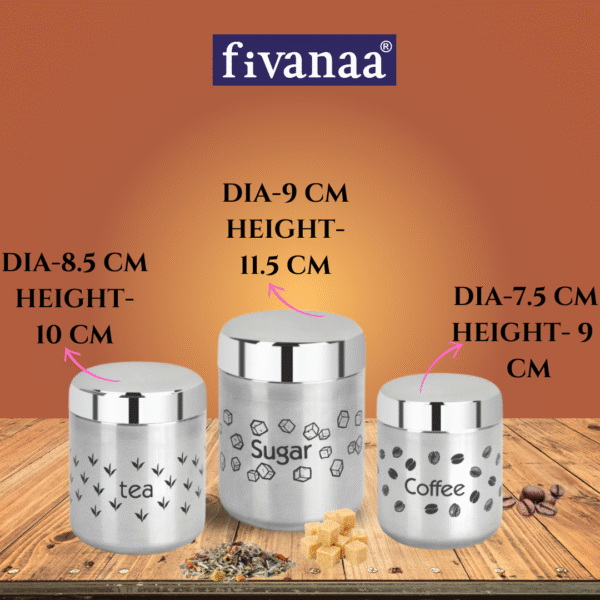 Fivanaa Food Grade Stainless Steel Tea, Coffee, and Sugar Containers Set for Kitchen | Storage Canisters | Set of 3 (Silver) - Image 2