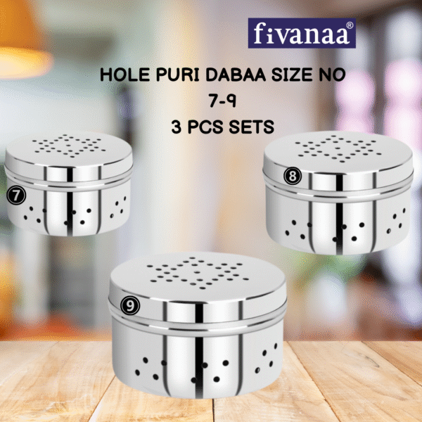 fivanaa Stainless Steel Hole Puri Dabbas/Sprout Maker/Flat Canisters/DANIYA DABAA With Air Ventilation 14 Cm Dia (3 PCS SET) - Image 3