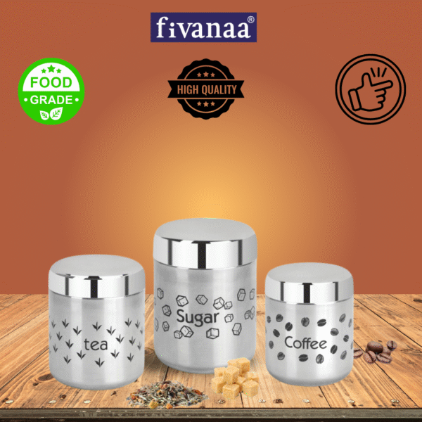 Fivanaa Food Grade Stainless Steel Tea, Coffee, and Sugar Containers Set for Kitchen | Storage Canisters | Set of 3 (Silver) - Image 3