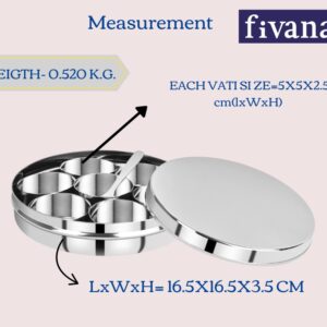 Fivanaa Stainless Steel Spice Box, Masala Dabba with Steel Lid, 7 Containers with 1 Spoon & 1 Steel Plate, Organize Spices, Durable & Elegant Kitchen Storage for Home Cooking, Silver