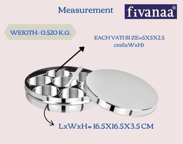 Fivanaa Stainless Steel Spice Box, Masala Dabba with Steel Lid, 7 Containers with 1 Spoon & 1 Steel Plate, Organize Spices, Durable & Elegant Kitchen Storage for Home Cooking, Silver